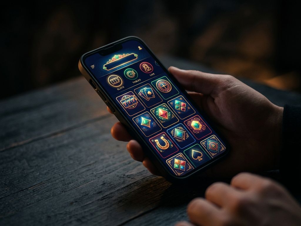 Smartphone displaying casino lobby on dark backdrop